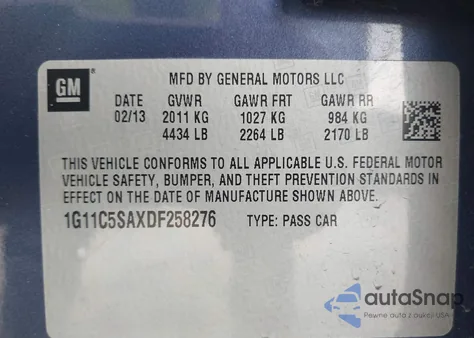 2013 Chevrolet Malibu 1Lt z USA, uszkodzony, nr VIN 1G11C5SAXDF258276